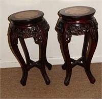 Pair Of Chinese Plant Stands w/ Marble Inserts
