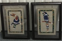 2 BIRDS PAINTED ON LEATHER FRAMED