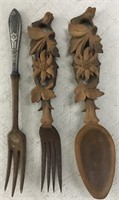 CARVED WOOD SPOON AND 2 FORK