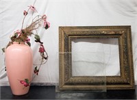 Wood Picture Frame with Glass and Tall Pink Vase