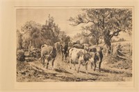 1885 Peter Moran Signed Etching of Cows