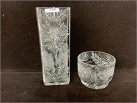 LARGE FLORAL RECTANGLE CRYSTAL VASE (HEAVY) AND