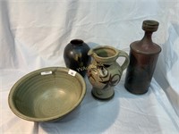 4 PIECES OF POTTERY INCLUDES SIGNED BOWL,