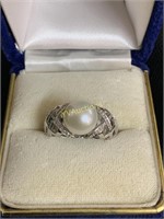 SILVER PEARL AND DIAMOND RING