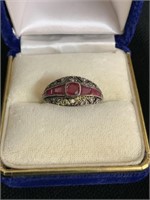 RUBY AND DIAMOND ART DECO STYLE RING SET IN SILVER