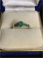 SILVER EMERALD AND DIAMOND RING