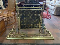 BRASS FIRE SCREEN, FIRE SURROUND, FIRE DOGS AND