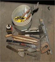 asstd bucket lot of tools, handles, masonry, level