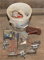 bucket lot of asstd. tools, swing rings, tin