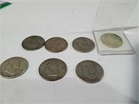 7 Franklin half dollars various dates from 1945