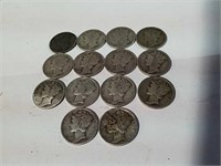 14 Mercury dimes various dates from the 1930s and