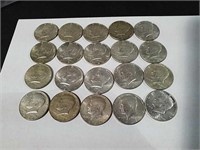 20 Kennedy half dollars marked 1967 and 1968