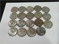 19 Kennedy half dollars dated 1968 and 1969