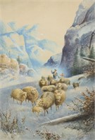 Watercolor Painting Of Sheep In Snow