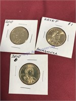 3- 2010 Sacagawea dollars, 2(D) 1(P)
