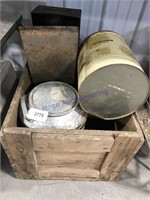 Wood box(21.5 x 17 x 13), w/ assorted tins