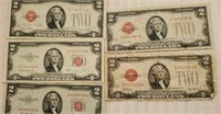 Red Seal 2 Dollar Bills (5 in lot) 1928 & 1953