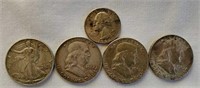 Silver Half Dollars & Quarter Coins, (5 in lot)