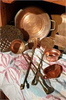 Copper ladle, match holder, bowl, trivet