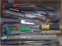 flat lot assorted hand tools, screwdrivers, nut