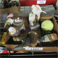 Small bird liquor bottles, wood shoe, tennis ball