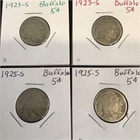 4 Buffalo Nickels 2-1923S & 2-1925S - All for one
