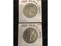 2 Walking Liberty Half Dollars 1943 P & 1944 P