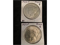 2 Peace Dollars 1922 S, 1922 P