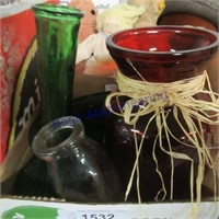 Green dishes and vase,red vase,1/2 pt. milk bottle