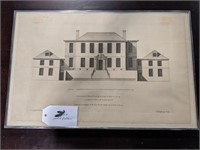 Framed Antique Elevation Drawing of House Surrey