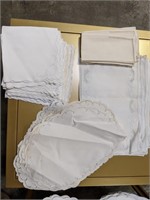 Box of Cloth Napkins, Placemats, Doilies, Candles