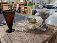 Group of Pedestal Bowls and Glass Art Vase