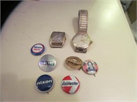 Vintage Omega, Hamilton watches, Political buttons