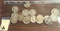 20 silver Washington quarters 1942-1944