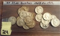 20 silver Washington quarters 1948-1952