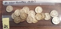 20 silver Washington quarters 1950s