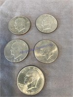 1971, 72,74,76,77 Eisenhower dollars, 5 coins
