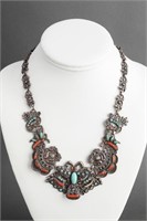 Native American Silver Turquoise & Coral Necklace