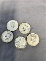 5-1968-D Kennedy Half dollars, 40% silver, 5 coins