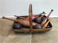 Antique Wood Bowling Set w Basket