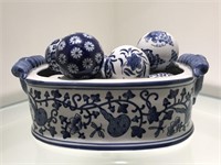 Blue & White Ceramic Basket with Balls
