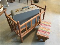 VIntage Doll Bed, Suitcase, Stool