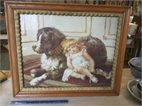 Antique Frame w/Dog & Sleeping Girl Print