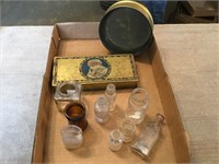 Flat Brass Sieve, Tin Beauty Box, Old Bottles