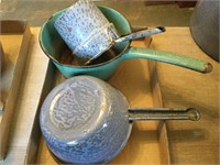 Green granite pot, 2 gray graniteware pots