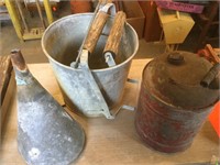 Mop bucket, Antique Dome Top gas can, funnel