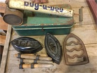 Antique Fly Sprayer, Tackle Tool Box, Sad Irons