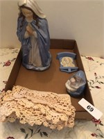 Religious Statue & Crochet Dresser Scarves