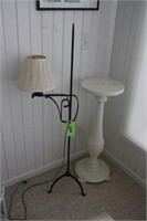 wood plant stand & black floor lamp