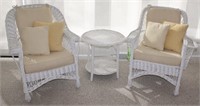 (2) white wicker chairs & stand